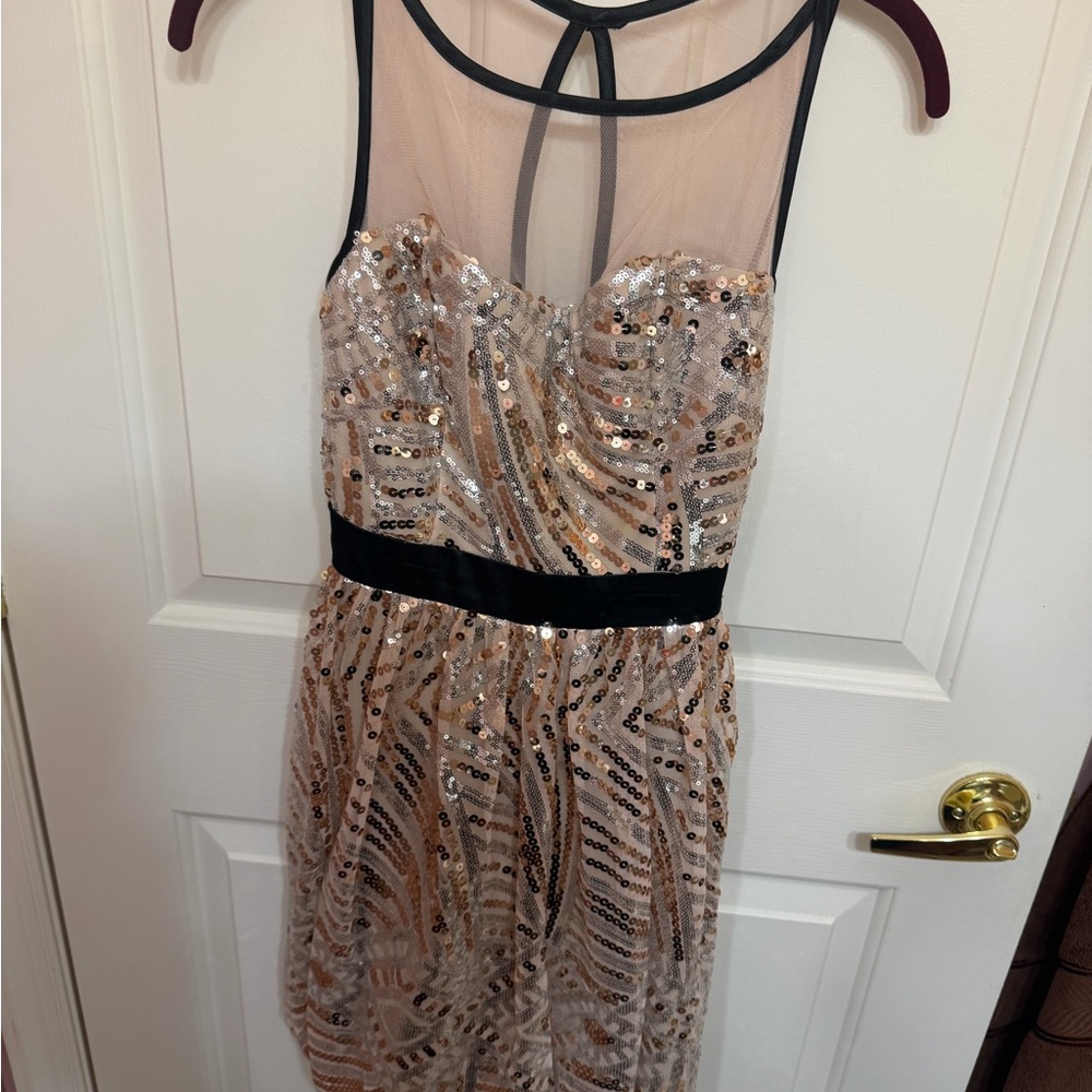 Juniors’ Sequin Mini Dress with Black Trim & Ribbon Belt by Crystal Doll